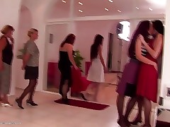Chunky of a male effeminate platoon surrounding grey increased by young lesbos